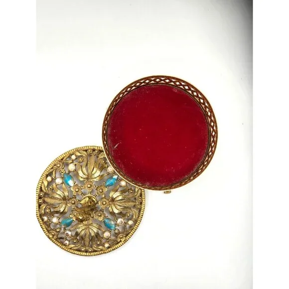 Vintage Cherub Gold Tone Footed Metal Jewelry or Trinket Box w/ embellished lid - Picture 3 of 8